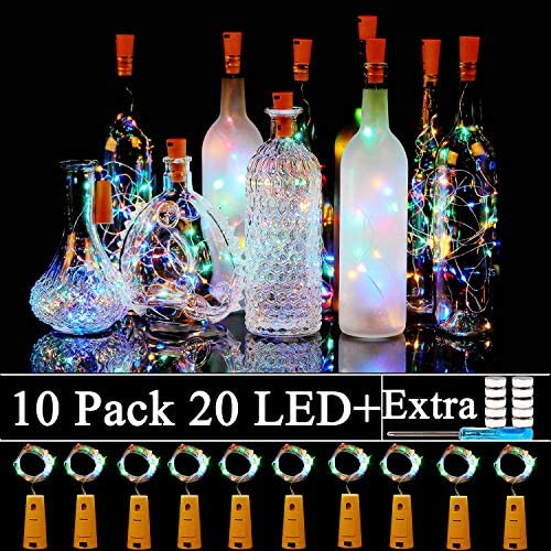 10er Pack Weinvorratsleuchten mit Korken – 20 LED-Fadenscheinleuchten mit Kupferdraht, für Garten, Terrasse, Wegbeleuchtung, Outdoor, DIY, Party, Hochzeit (10, farbig-stabil)