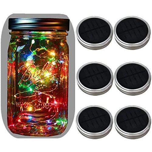 6-Pack Wide Mouth Solar-Powered Mason Jar Lights Waterproof(Jar & Handle Not Included),20 Bulbs 5 Colors Flashing Jar Hanging Light,Solar Fairy Firefly Lights Lids Insert Fit for Wide Mouth Jars