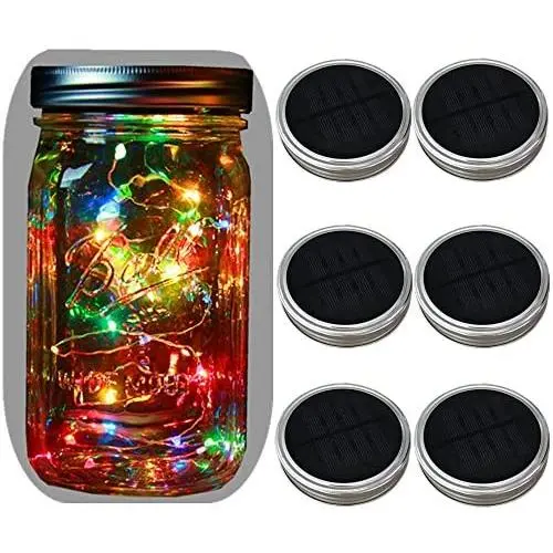 6-Pack Weite-Mund Solar-betriebene Mason Jar Lampen, Wasserdicht (Glas & Griff Nicht Enthalten), 20 Glühbirnen, 5 Farben, Blinkende Glaskappen, Passend für Weite-Mund-Gläser
