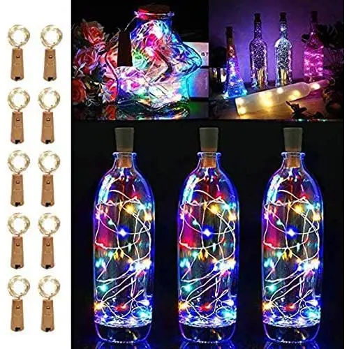 LiyuanQ 10er Pack 20 LED Wein Korkleuchten Kupferdraht Lichterkette, 2M/7.2FT Akkubetriebene Lichterkette für Weinflaschen, DIY, Weihnachtsfeier, Hochzeit Dekoration, Multicolor (Flasche nicht enthalten)