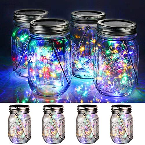 4er Pack Solar Mason Jar Lichter, 30 LEDs Hängende Solar Laternen Garten Dekoration Outdoor Lichter Warme Weiß für Tisch Dekoration Zauberkerzen für Garten Hochzeit Weihnachten Party (4er Pack Bunt)