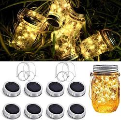 8 Pack Solar Mason Jar Lid String Lights,Warm White Waterproof String Fairy Star Firefly Lights with 8 Hangers Included (No Jars),for Regular Mason Jar Patio Garden Wedding Lantern Table Decor