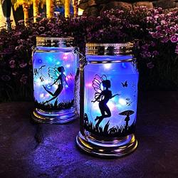 ANGMLN Solar Fairy Lantern Mason Jar Light- 4 Pack Ourdoor Fairies Decorations Gifts Hanging Lamp Frosted Glass Jar with Stake for Yard Garden Patio Lawn