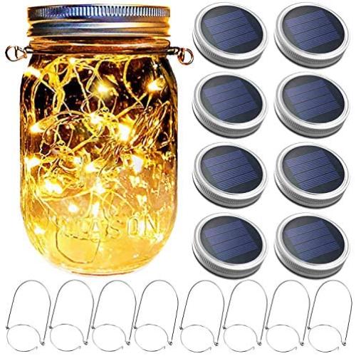 InpourPack 8-Pack Solar-Powered Mason Jar Lights (Jars Not Included),30 Led Lights Jar Hanging Light,Garden Outdoor Solar Lantern Lights for Outdoor Patio Garden Yard Wedding Decor,8 Hangers Included