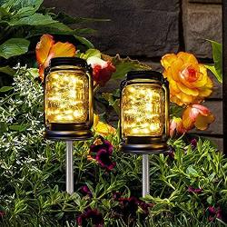 Outdoor Solar Garden Stake Lights-2 Pack Mason Jar Glass Hanging Lantern Lights Decorative Lights for Path,Patio,Porch,Pathway,Yard,Lawn,Decoration