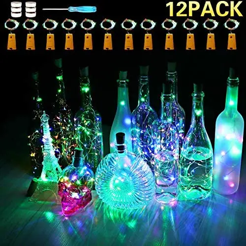 12er Set Farbige Weinlichtketten mit Korken, 7ft 20 LED Mini Wein Kork Lichtketten mit Kupferdraht, Batteriebetrieben, Sternebeleuchtung zur individuellen Gestaltung, Hochzeit, Party (Mehrfarbig)