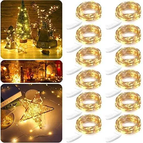 Guirlande Lumineuse LED 12 Pièces, Alimentée par Batterie, 6,9m 20 LEDs, Fil Cuivre Argent Waterproof, Guirlande Étoiles Luciole Flexible pour Chambre Mariage Fête Bocal (Blanc Chaud)